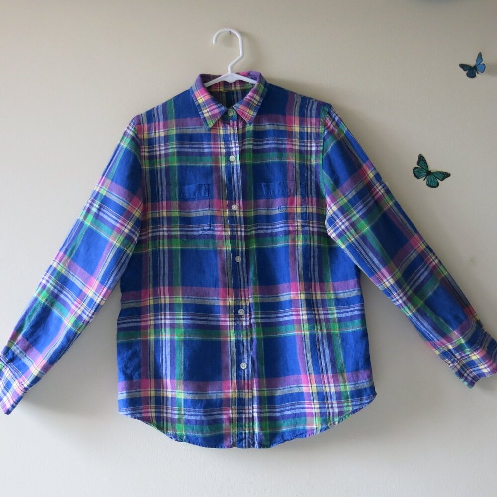Ralph Lauren 100% Linen Plaid Multicolor Long Sleeve Button Down Blouse Size S/M